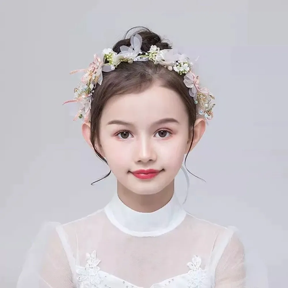 Фото Изысканная корейская цветочная повязка на голову, тиара, обруч для волос, венок, повязка на голову с жемчугом и бабочками, гирлянда-браслет для музыкального фестиваля №4