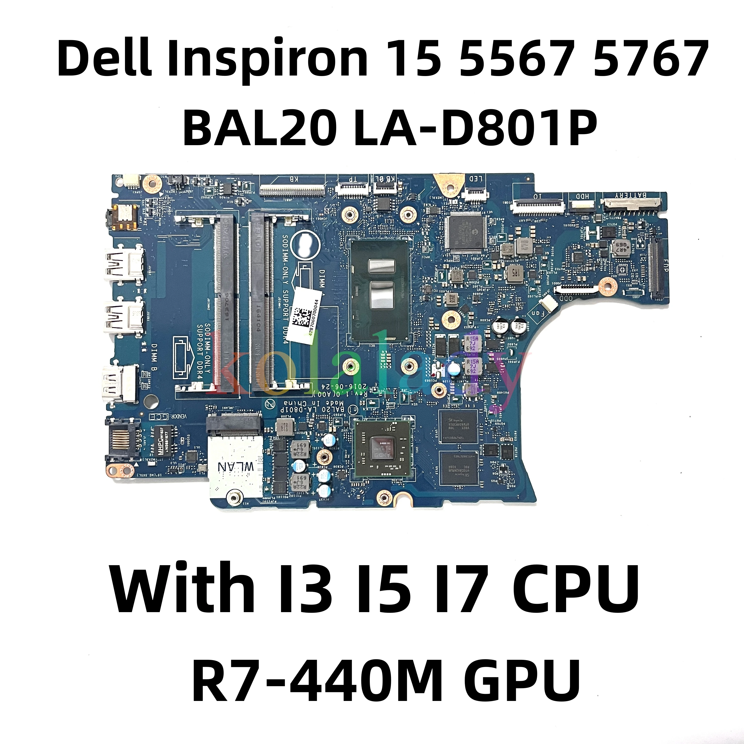 Материнская плата для ноутбука dell Inspiron 15 5567 5767 с процессором I3 I5 I7