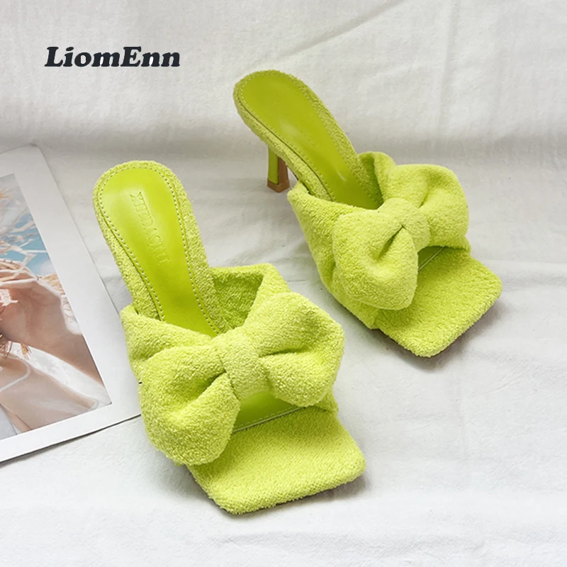

Fluffy Butterfly Heel Slippers Women 2022 Trend Summer Bow Sandals Women Green Square Toe Outdoor Ladies Elegant Fur Dress Shoes