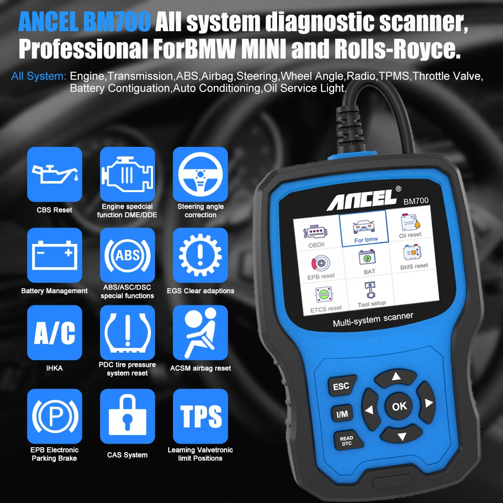 ANCEL BM700 OBD2 Сканер для MINI EPB SAS Airbag TPMS Батарея Сброс масла Автомобильный сканер