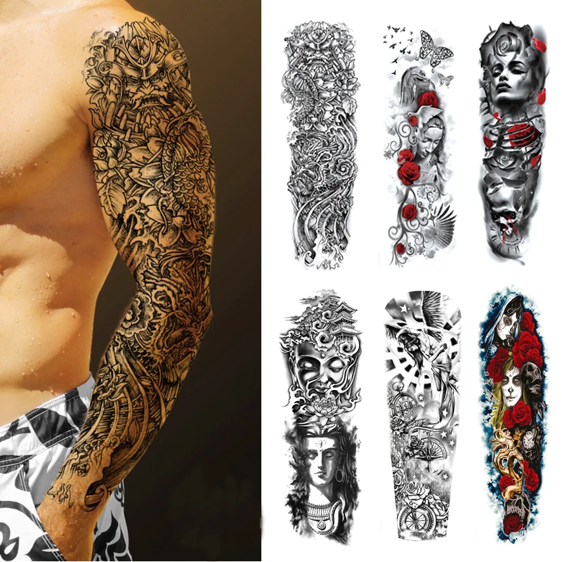 

Водостойкие временные тату-наклейки на всю руку, с большим черепом, тату-наклейки в старую школу, временные татуировки для мужчин и женщин