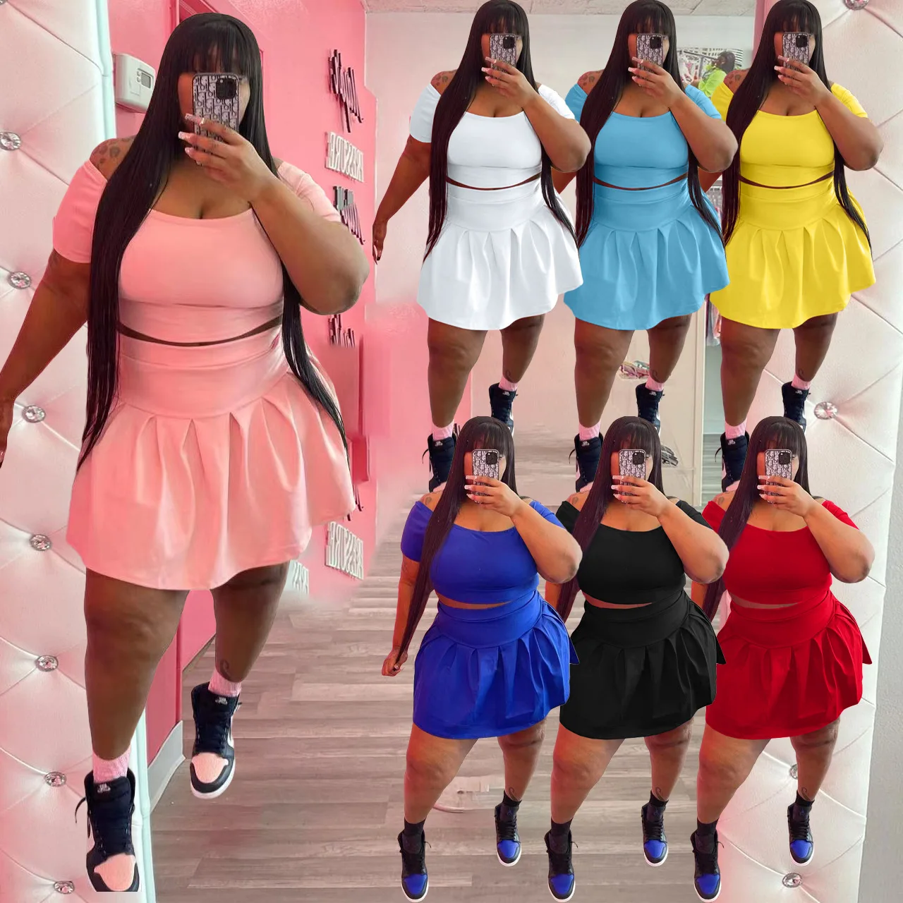 

Женский комплект из двух предметов, однотонная плиссированная юбка, лето 2022