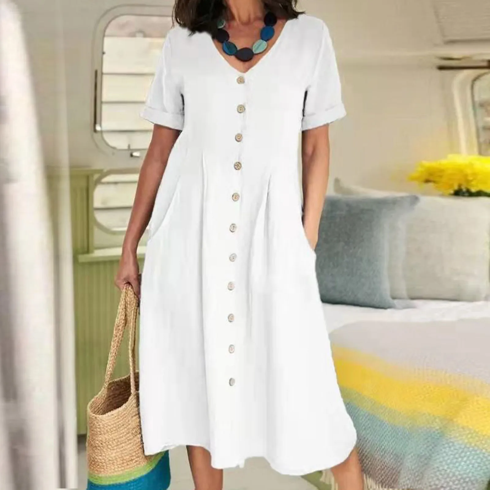 Женское Хлопковое платье летние длинные платья с карманами летнее женские милые