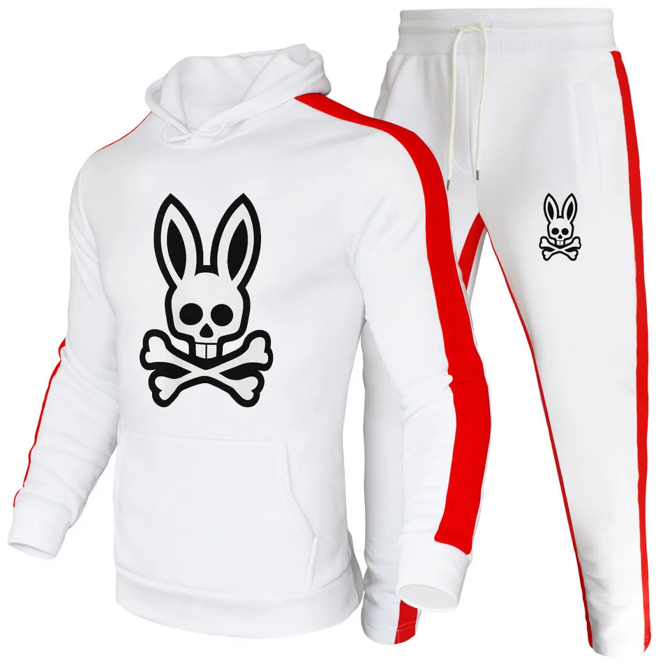 

Мужской комплект из 2 предметов, толстовка с капюшоном и спортивные штаны с принтом Призрака и кролика, флисовый теплый зимний костюм для бега на открытом воздухе, 2023