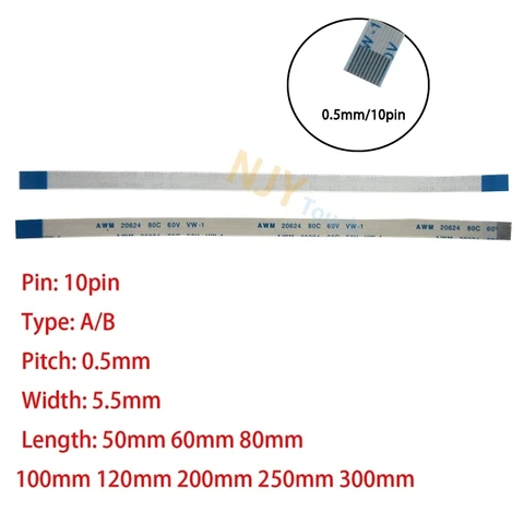 10Pin 0,5 мм Шаг FFC FPC AWM 20624 80C 60V VW-1 A B Тип плоский гибкий кабель 60/100/150/200/250/300/400 мм