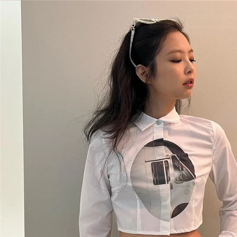 Karrram Jennie Same Tops Dydo Crop Top Women Kpop Graphic Printed Cropped Shirt Korean Fashion White Blouse Harajuku Streetwear images - 6