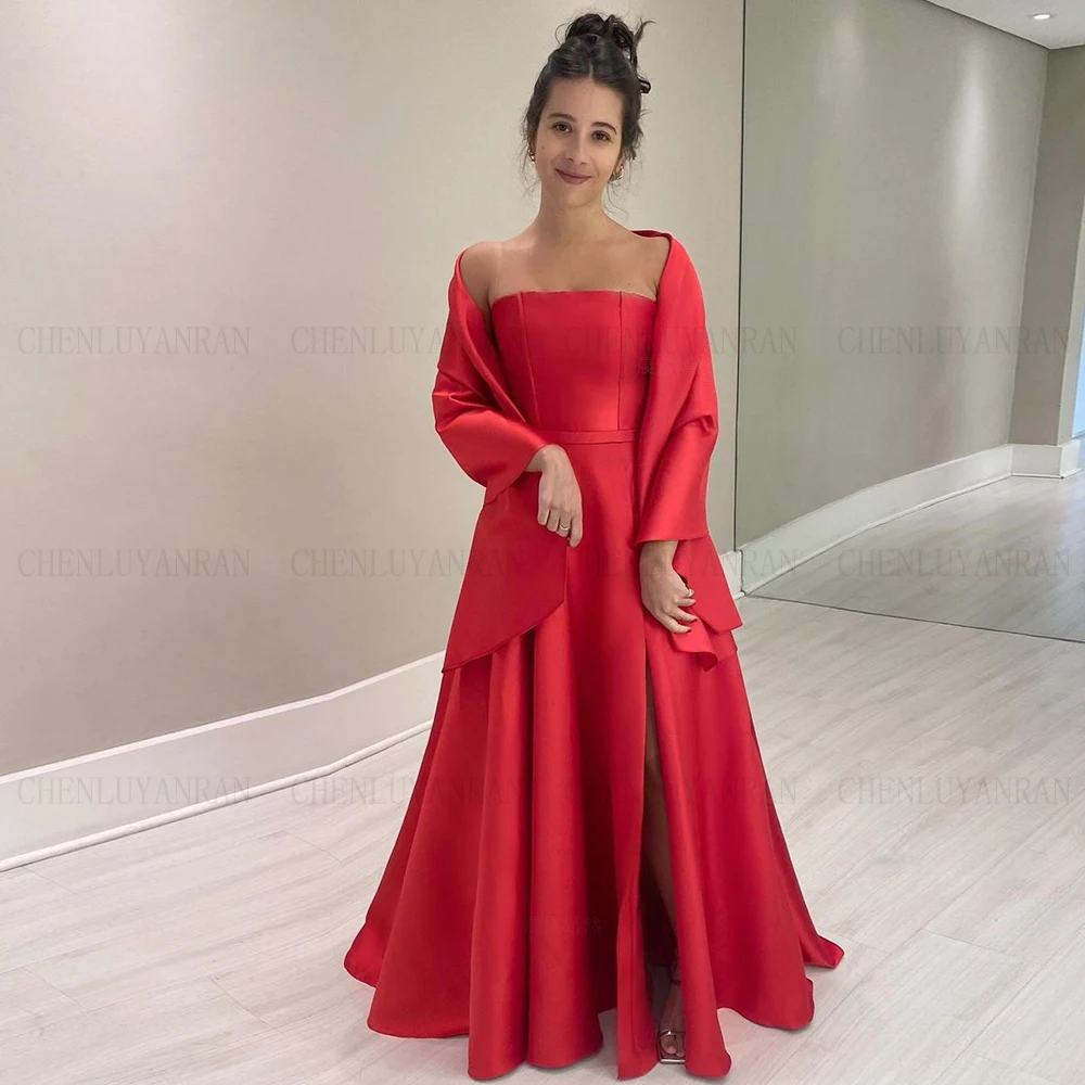 

Red Strapless Long Formal Occasion Dresses 2023 Satin A-Line Sexy Party Dress With Shawl Evening Gowns فساتين مناسبة رسمية
