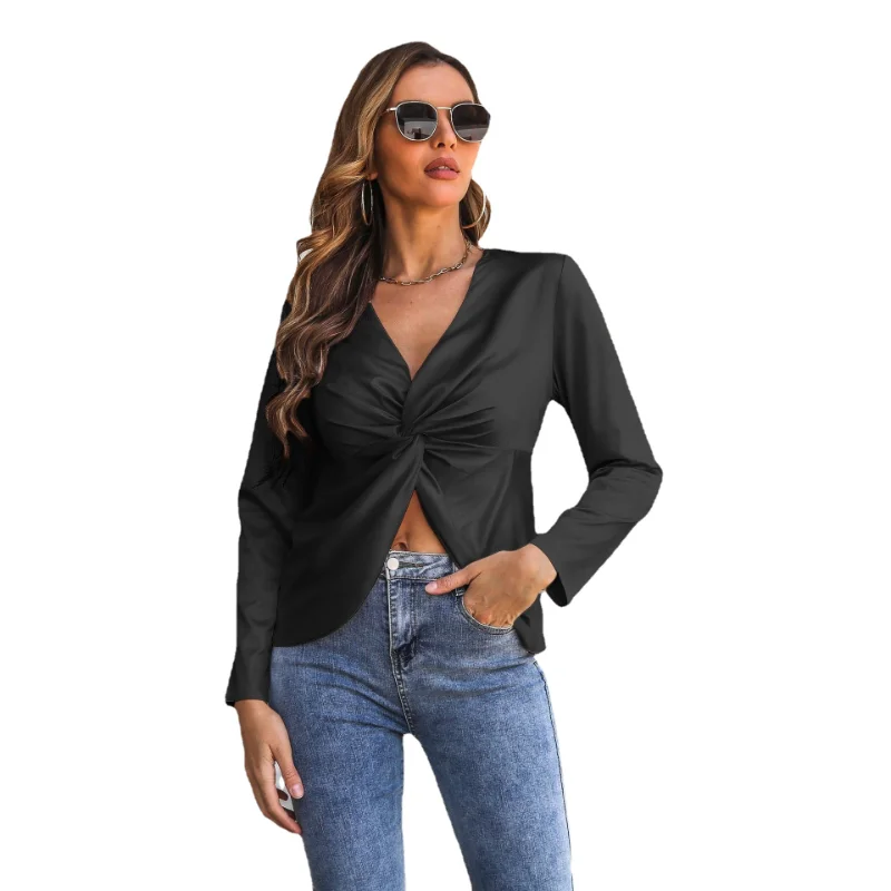 Women's Twisted Knot Satin Satin T-shirt V neck Long Sleeved Top