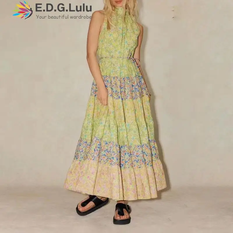 

EDGLuLu Casual Stand Collar Sleeveless Vintage Floral Dresses For Women Lace-up Bow Backless Seaside Vacation Long Dress 0714