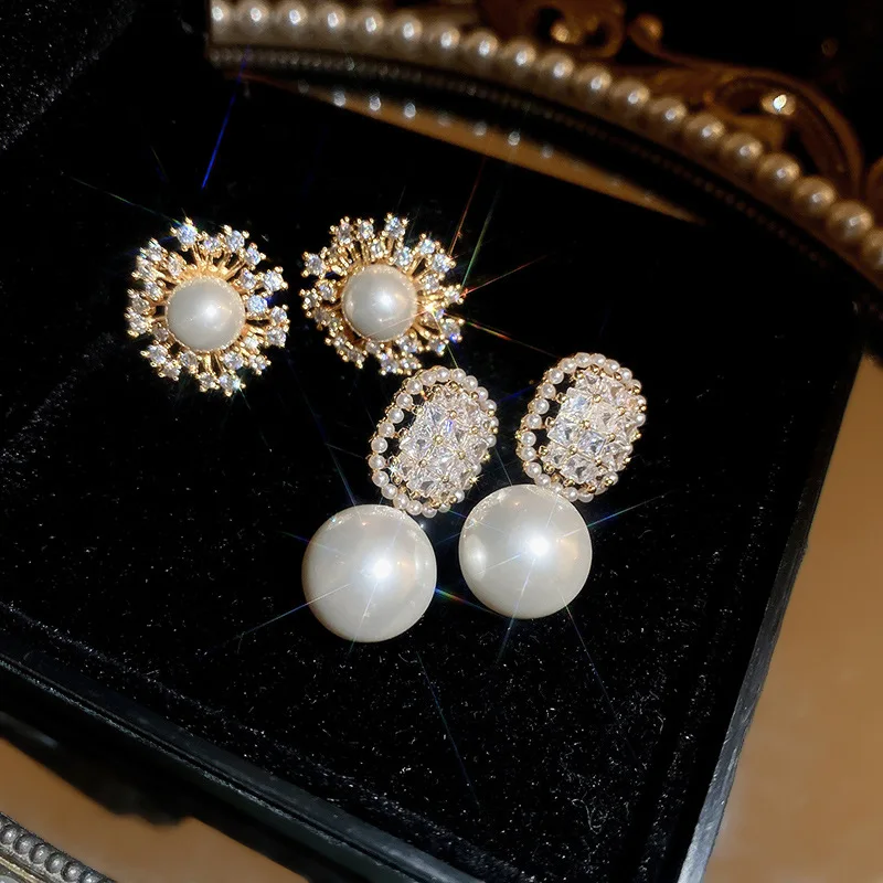 

Minar Luxury 2 Designs Shiny CZ Cubic Zirconia Flower Geometric Drop Dangle Earrings for Women Simulated Pearl Pendant Earring