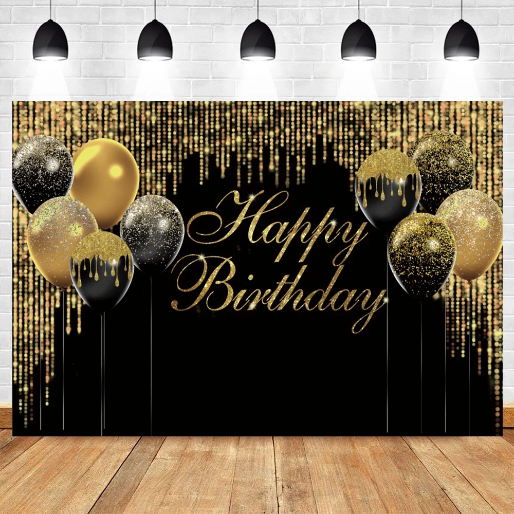 

Фон для фотосъемки в честь Дня Рождения с золотыми черными воздушными шарами и пятнами