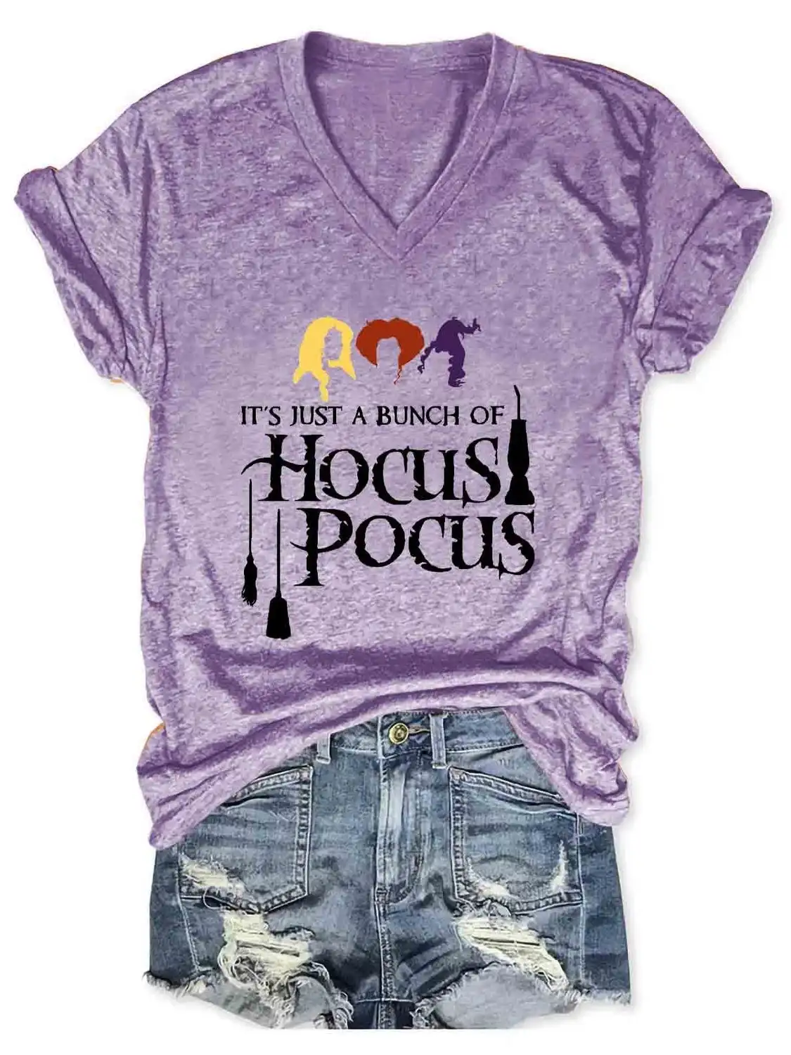 T-shirt da donna con scollo A v homus Pocus Hallowen