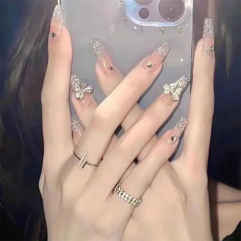 

24 Pcs/Box Fake Nails Press On Nail Tips Wearable Glitter Artificial Full Cover Finished Nail Art Withing