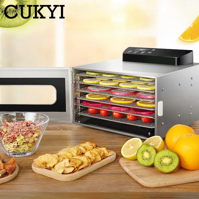 CUKYI 6 Trays Food Dehydrator Snacks Dehydration Dryer Fruit Vegetable Herb Meat Drying Machine Stainless Steel 110V 220V EU US