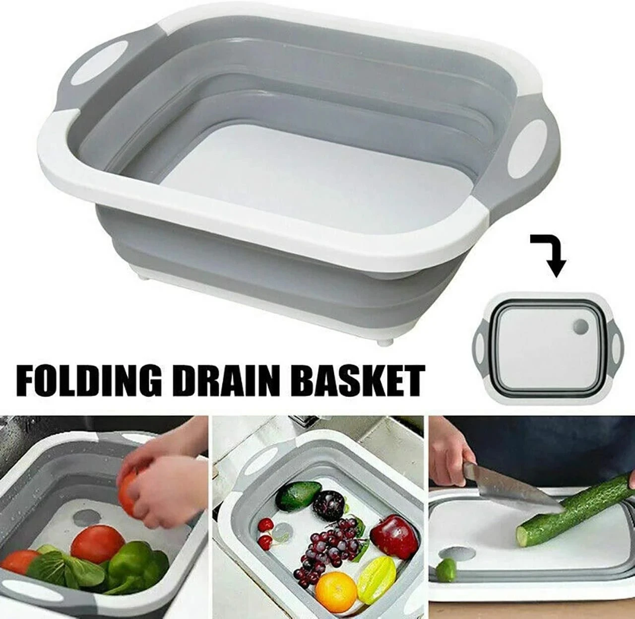 

Multifunctional 3 in 1 Folding Wash Basin Cutting Board Fruit and Vegetable Drain Basket Camping Basin Kitchen Accessories