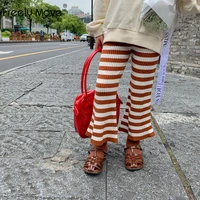 freely move baby girl clothes 2022 autumn new girls slim fit pants korean high elastic striped knit flare pants kids trousers