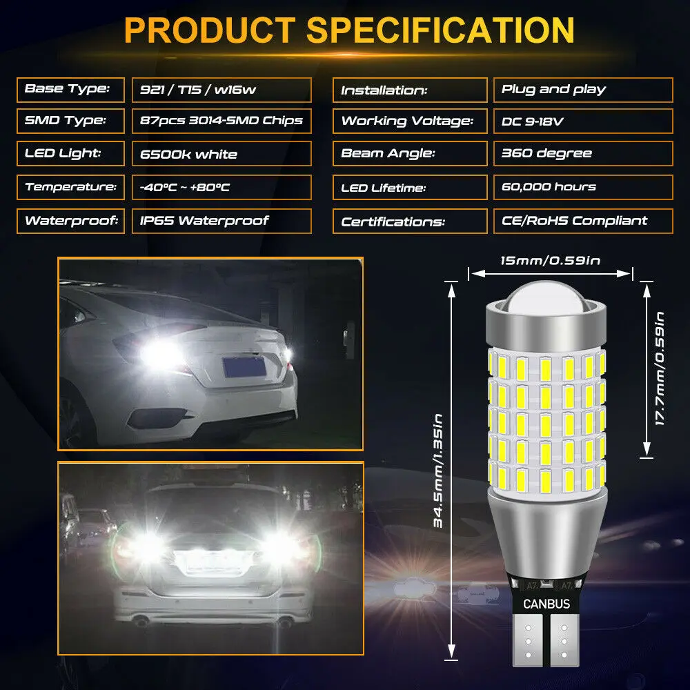 78Smd-3014 светодиодные лампы заднего хода 921 912 T15 прозрачный белый комплект без