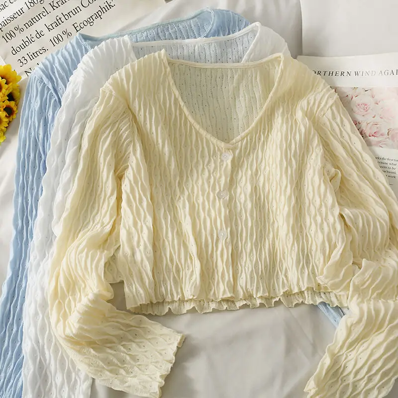 

Summer Korean Style Short Single-breasted Jacket Long-sleeved Cardigan Top Women's New Plaid V-neck Shirt Thin (Summer)