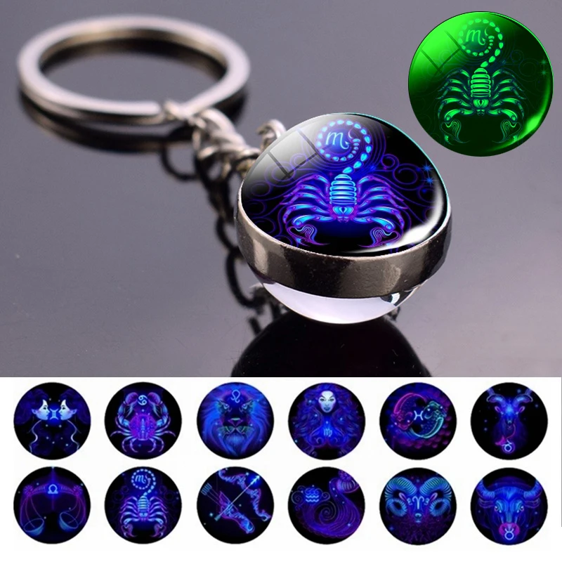

Glowing 12 Constellation Keychain Luminous Glass Ball Pendant Zodiac Key Rings Jewelry Birthday Gift Scorpio Leo Libra Keyrings