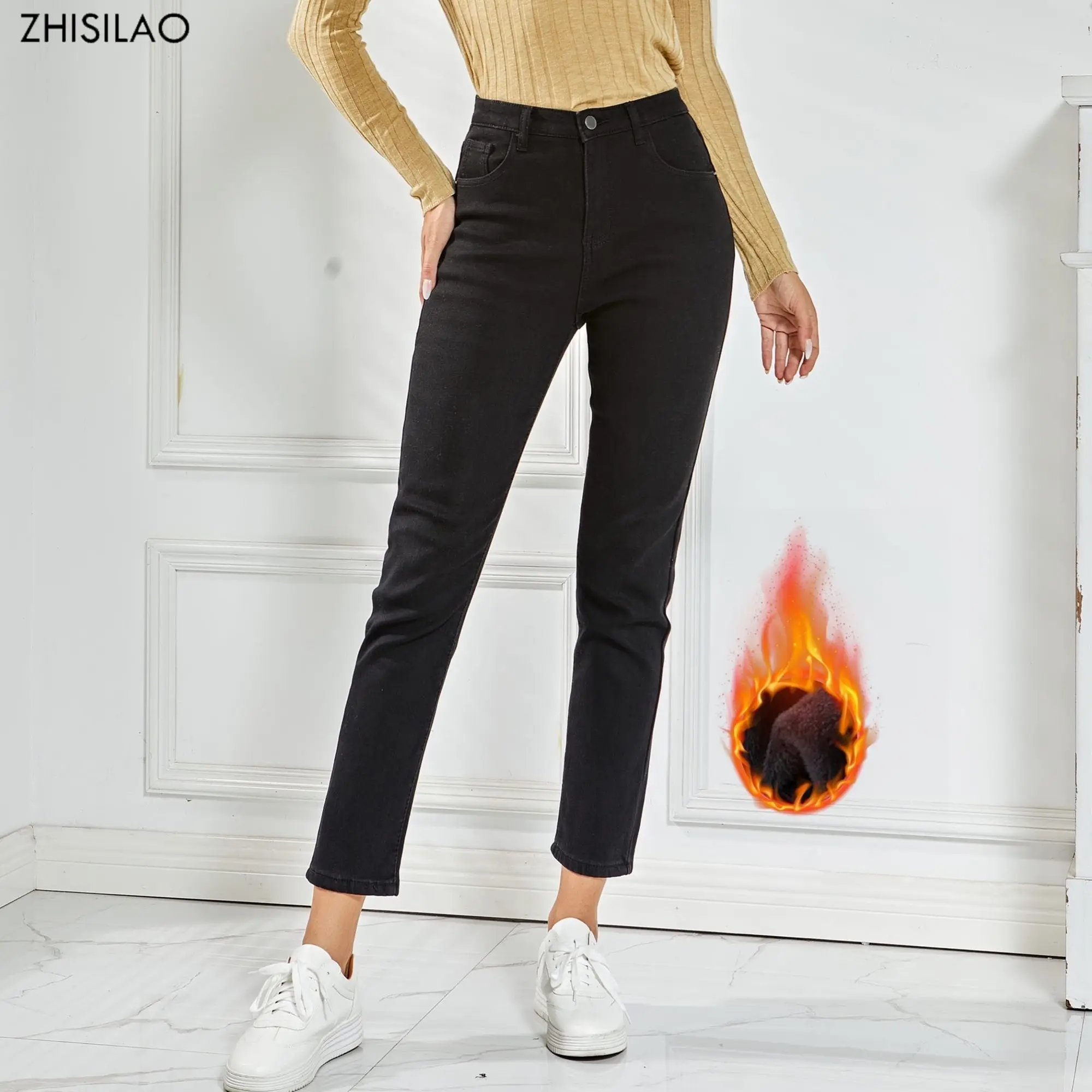 

ZHISILAO High Waist Women Jeans Winter Warm Tight Denim Pants Stretch Thicken Fleece Pencil Jeans Trousers for Women Winter 2022