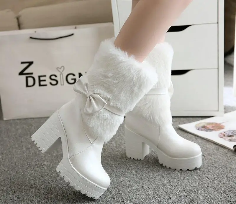 Winter New Women Snow Boots Waterproof Platform High Heel Thick Plush with Sweet Bow Women's Boots Comfortable Boots