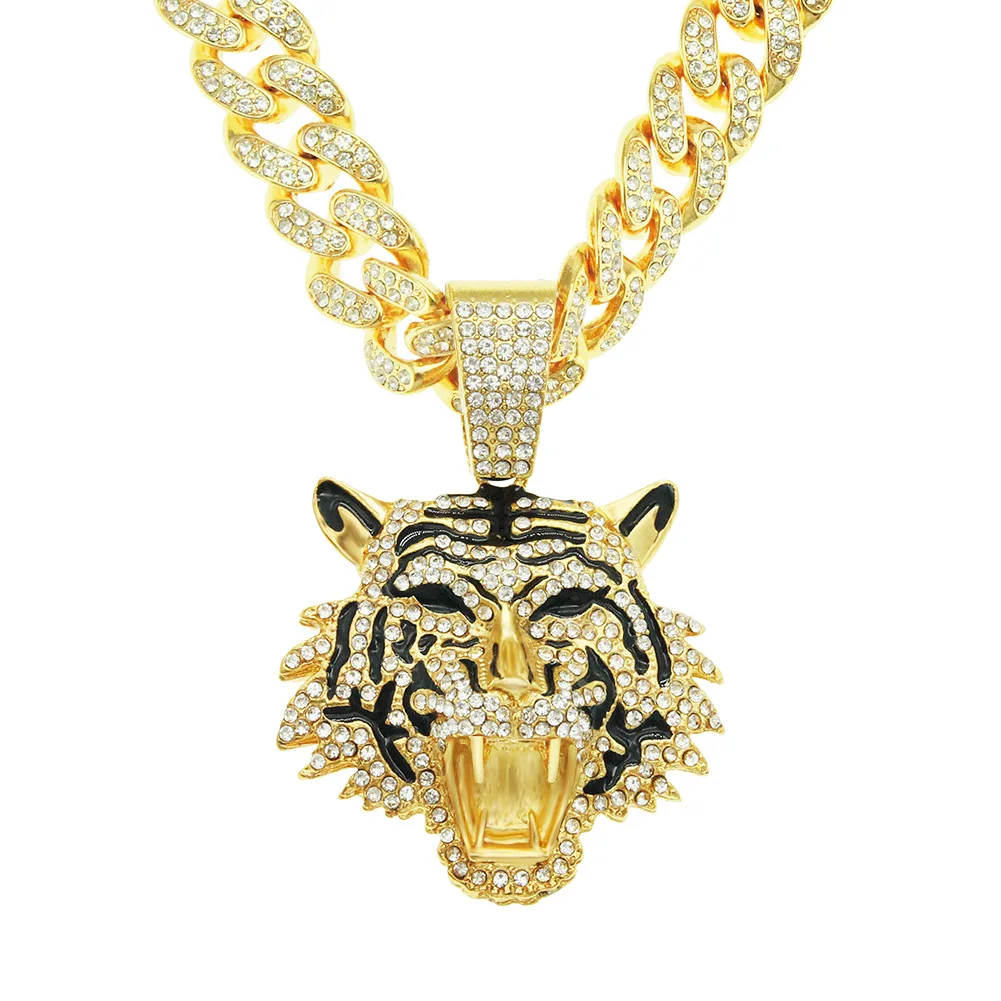 

Europe And The United States Cool Three-dimensional Full Of Diamond Painting Oil Tiger Head Pendant Cuban Chain Necklace Hipster