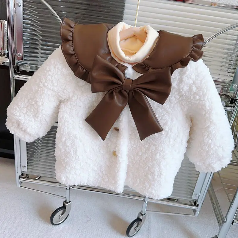 

2034 new Winter Baby Girls Elegant Padded Warm Fake PU Collar Cute Bow Fashion Coat Jacket Kids Clothes Children Overcoats