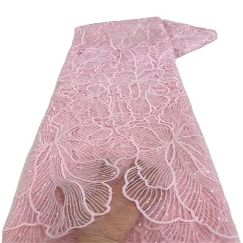 

Pink Latest African Sequin Lace Fabric Embroidery White French Mesh Lace Fabric With Sequins Nigerian Tulle Lace For Party