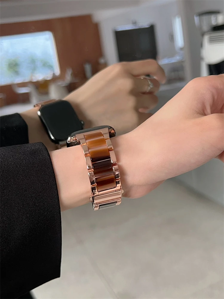 Korea Cool Resin + Metal Strap For Apple Watch Band 41mm 45 44 40 42 38 mm Woman Girl Band For Iwatch Series 7 6 Se 5 4 3 2 Gift