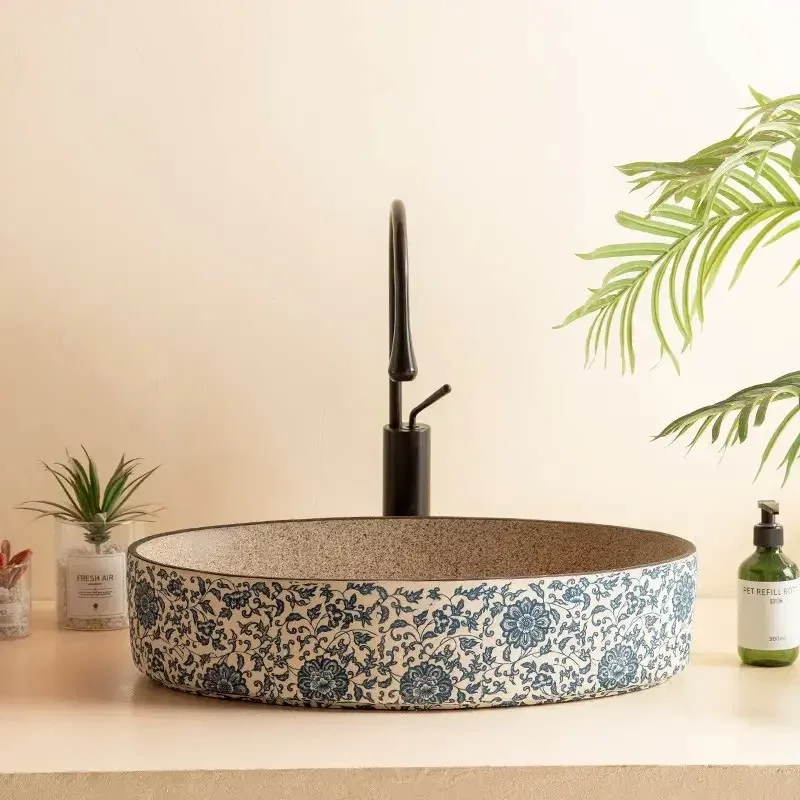 Сине-белая фарфоровая керамическая раковина овальная ретро-балконная для рук