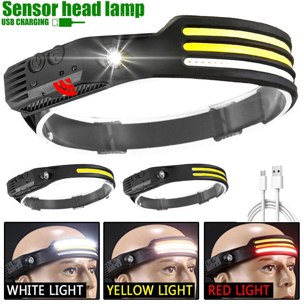 

LED+COB Sensor Headlamp USB-C Rechargeable Headlight 10 Modes Built-In Battery Outdoor Induction Work Light Waterproof Fishing