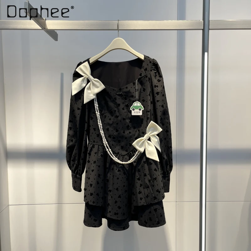 

French Square Collar Jacquard Bow Beaded Short Black Dress 2022 Early Spring Woman Slim Long Sleeve Pullover Bud Vintage Dresses