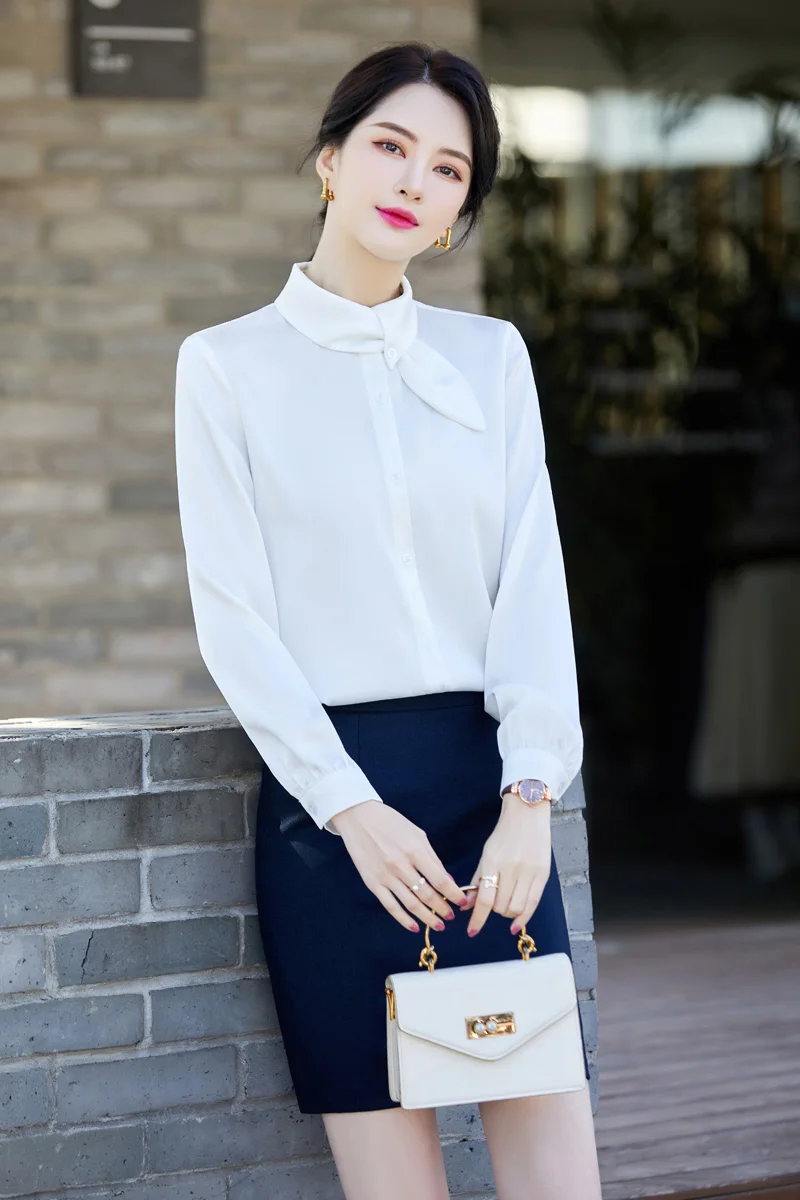 

Fashion Women Shirts White Long Sleeve Office Ladies Work Uniform Blouses and Tops Set OL Style