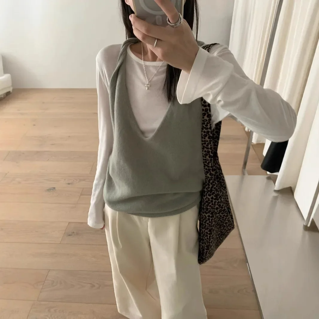 Att2024 осенний новый женский вязаный жилет с v-образным вырезом однотонный пуловер