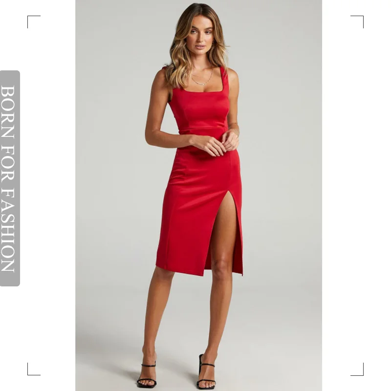 

Elegant Sleeveless High Waist Slim Fit Party Dress Women Side Split Backless Midi Dress Evening Clubwear Ladies Summer Vestidos