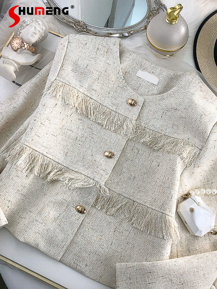 

New Ladies Fashion Elegant Retro Tassel Jacket Women's 2022 Autumn Classic Style Chic Classic Style Simple Solid Short Coat
