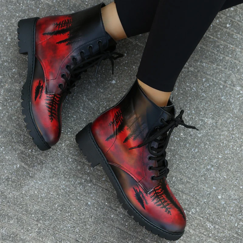 

Digital Printing Autumn Women Medium Boots 2022 British PU Women's Fashion Work Boots Fashion Front Lace Up Women Womens Boots