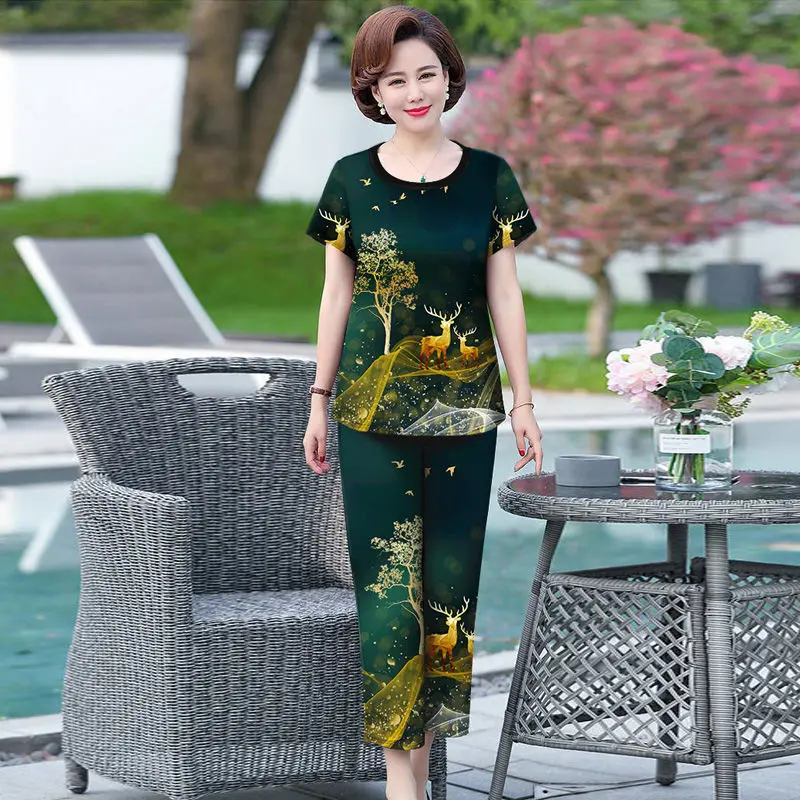 

2022 Women Summer New Middle-aged 2 Piece Sets Female Short Sleeve Print Tops + Straight Pant Ladies Large Size Loose Suits Y10