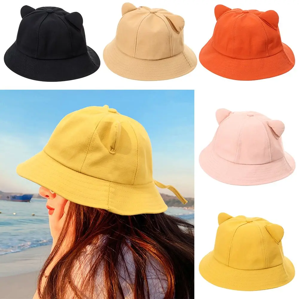 

Women Kids UV Protection Cotton Solid Color Breathable Cute Sun Cap Cat Ear Fisherman Hat Beach Hat Cartoon Bucket Hat