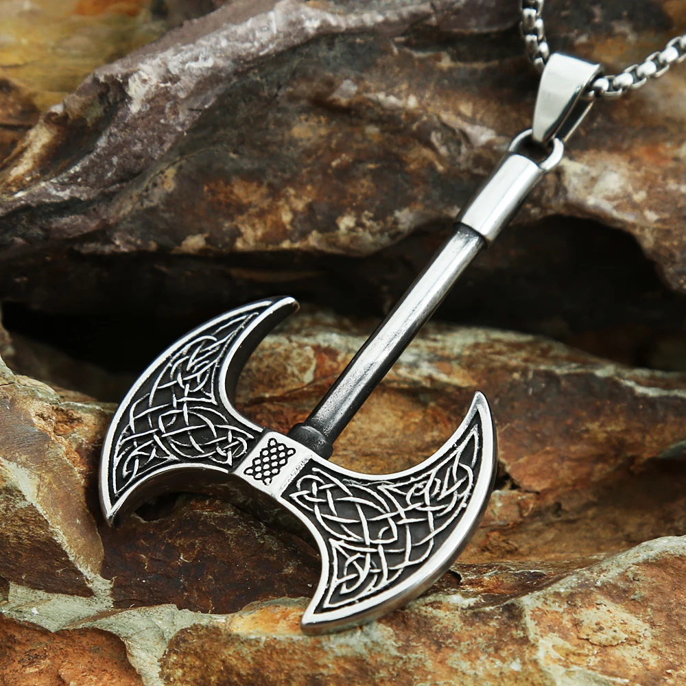 

Vintage Double-Sided Viking Celtic Knot Necklace Stainless Steel Nordic Axe Pendant For Men Amulet Jewelry Gift Dropshipping
