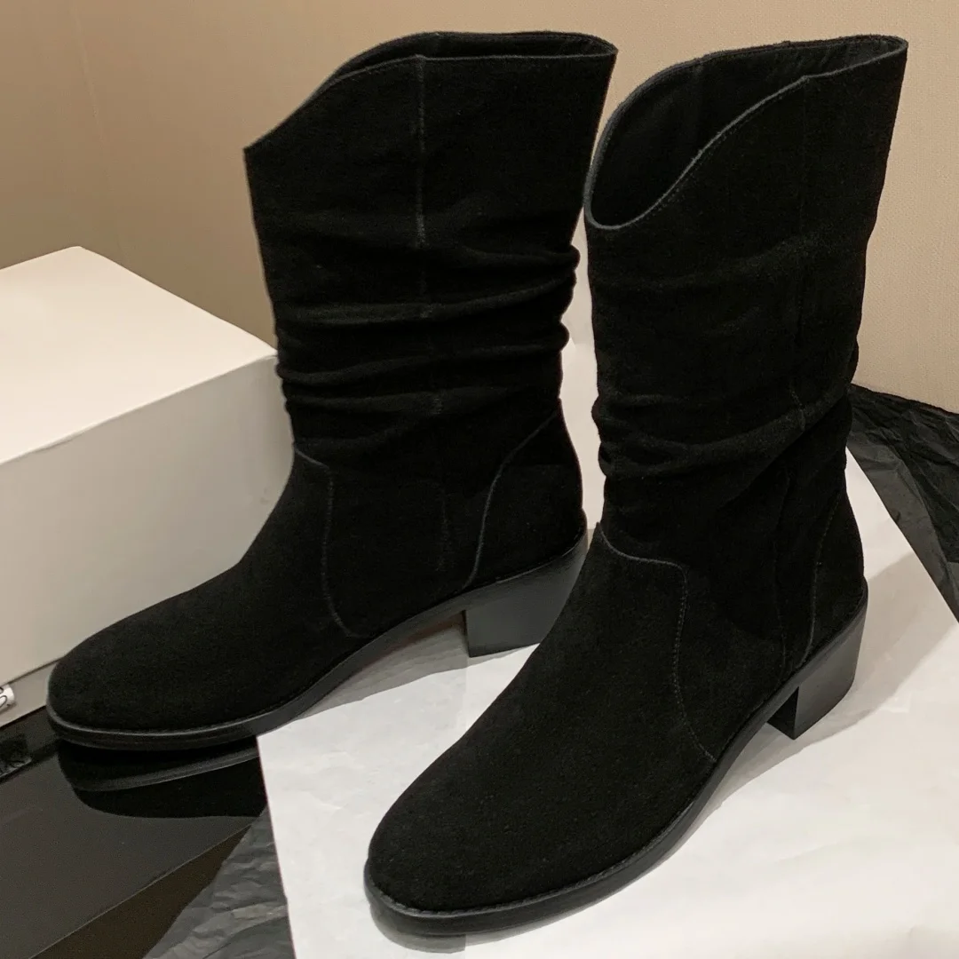 Женские плиссированные осенние ботинки без шнуровки из натуральной замши