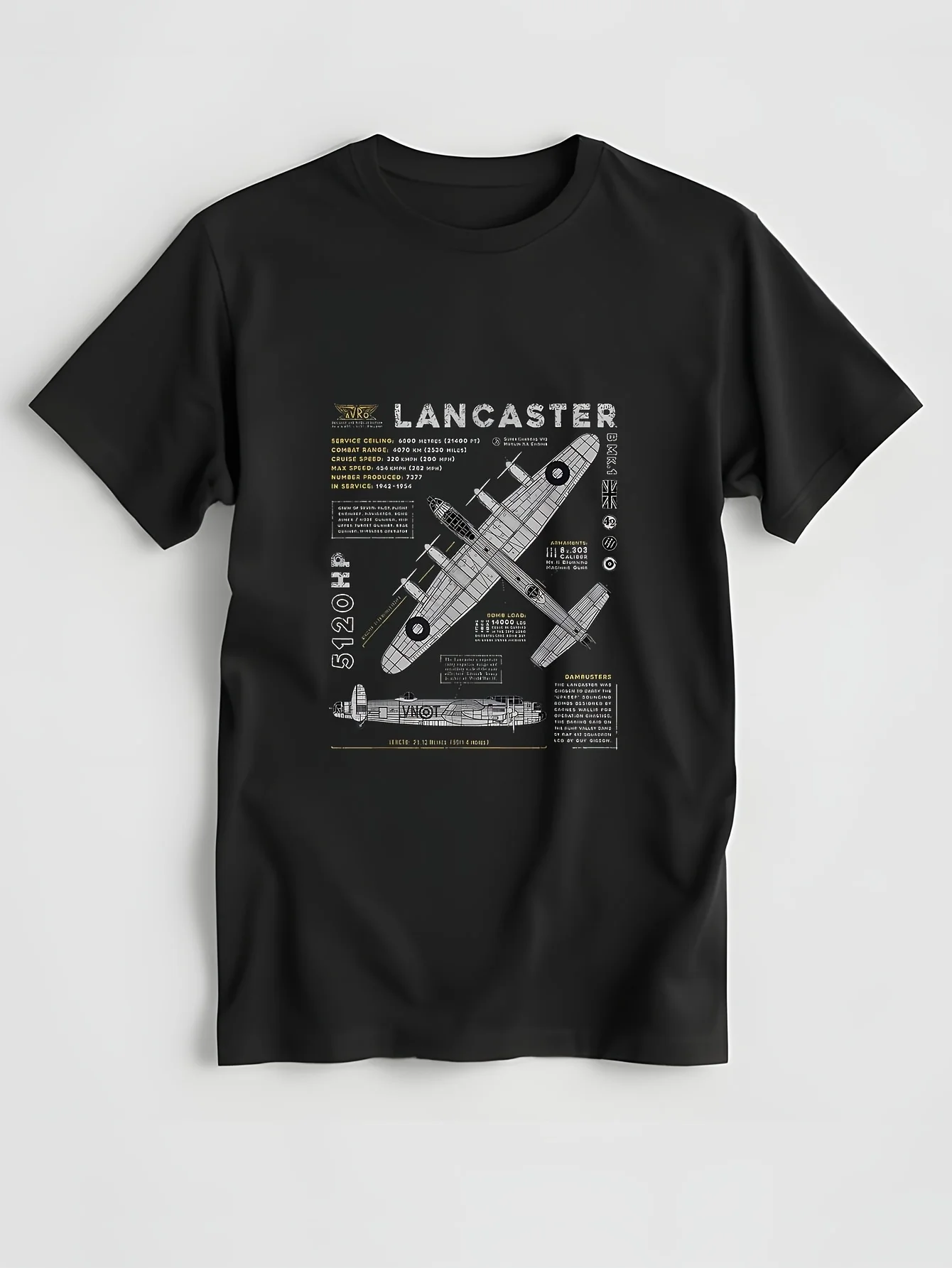 Британская футболка RAF Lancaster Heavy Bomber Specification Blueprint 100% хлопок с круглым вырезом