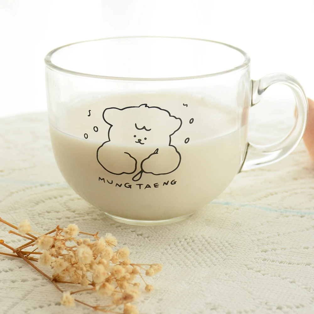 

Korean Bear Print Glass Cup with Handle Resistant Tea Milk Lemon Juice Cup Cocktail Vodka Wine Mug Drinkware Supplies