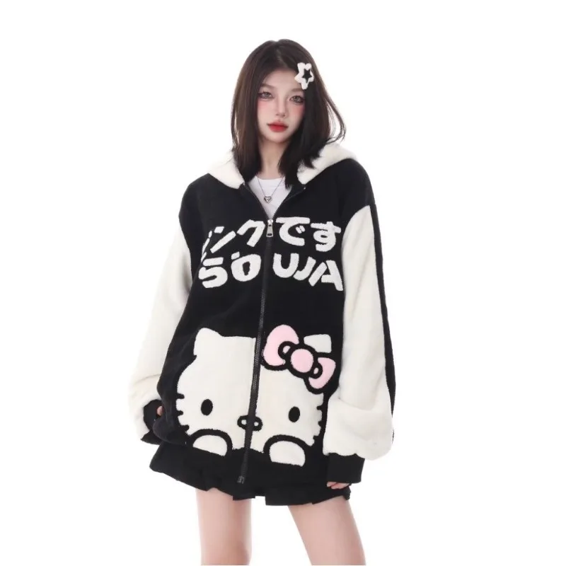 

Kawaii Sanrio Anime Hello Kitty Lamb Cashmere Coat Cute Cartoon Warm Tops New Loose Hooded Thickening Sweater Hoodie for Girls