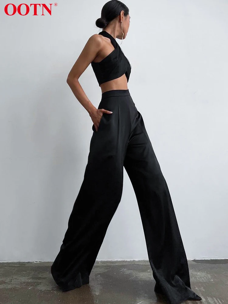 

OOTN Black Satin Silky Casual Wide Leg Pants High Waist Elegant Full Length Trouser Spring 2022 All-Match Baggy Women Pants Lady