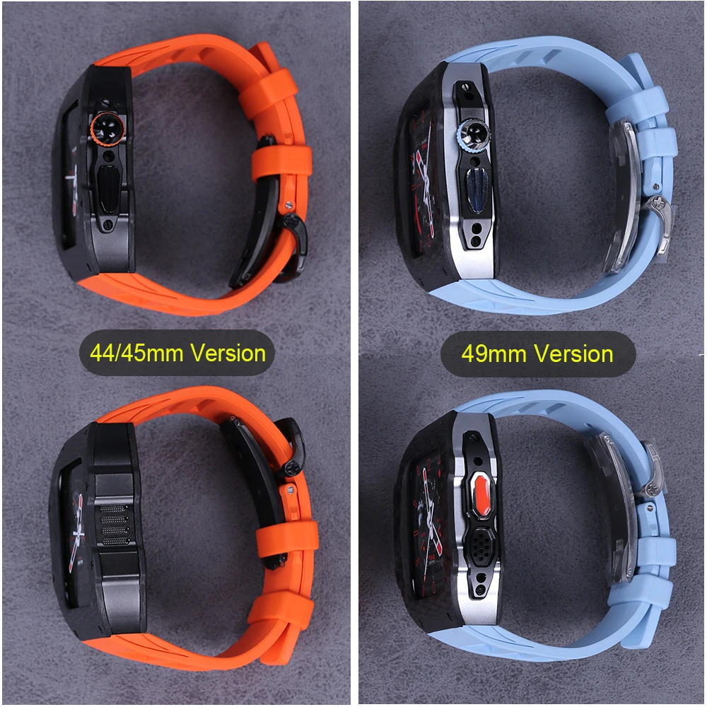 Modification Kit Carbon Fiber Case for Apple Watch Ultra 8 7 6 SE 5 4 Metal Mod Kit for IWatch 49MM 45MM 44MM Fluororubber Strap