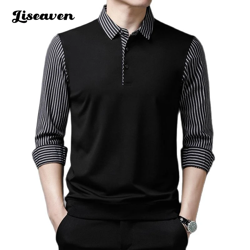 

Liseaven men's T Shirts fake two-piece striped long sleeved shirt turndown collar full sleeve T-shirts men's tops