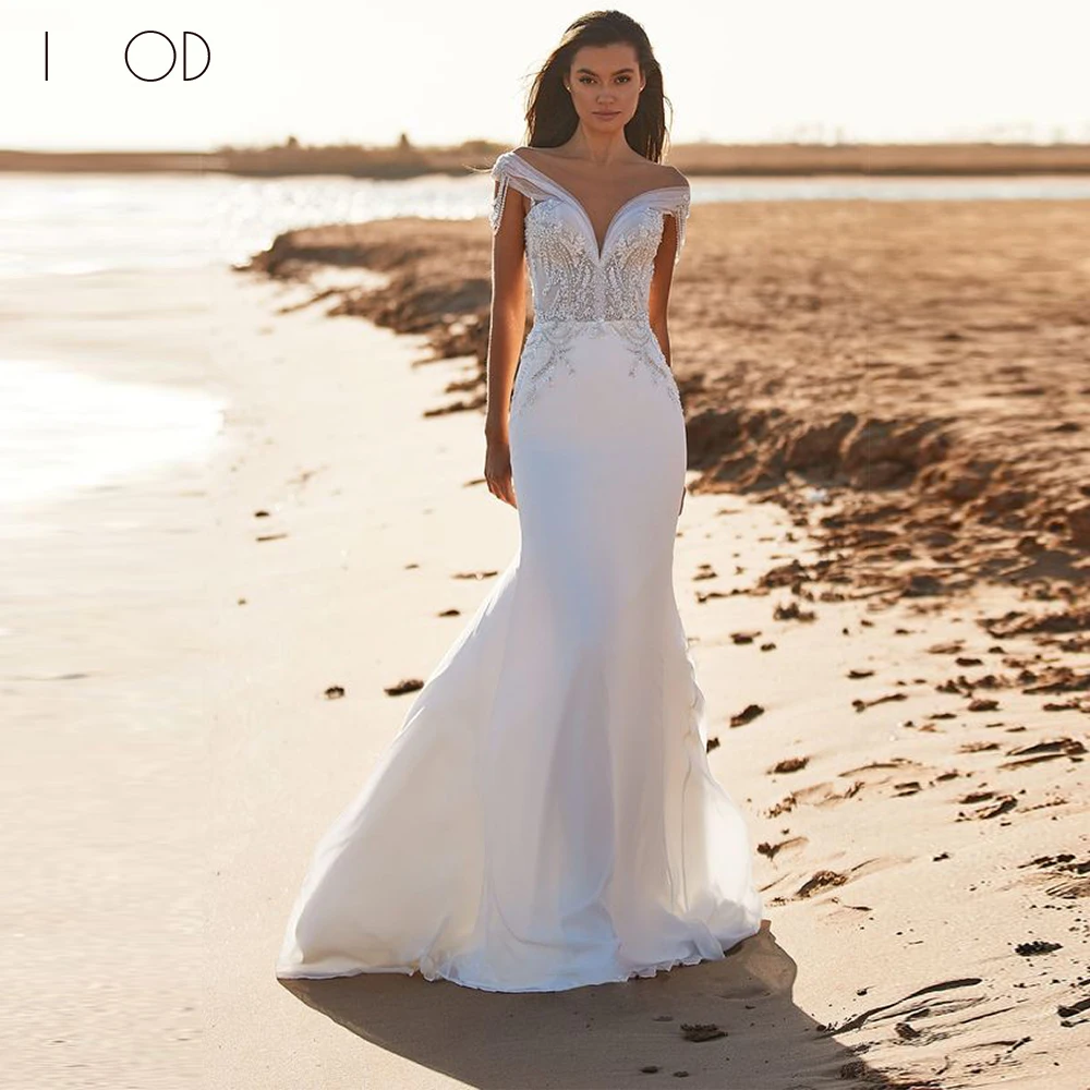 

I OD Boho Wedding Dress 2023 Satin Bridal Gown Elegant Lace Applique Off Shouder Satin Vestidos De Novia For Women Sweep Trian