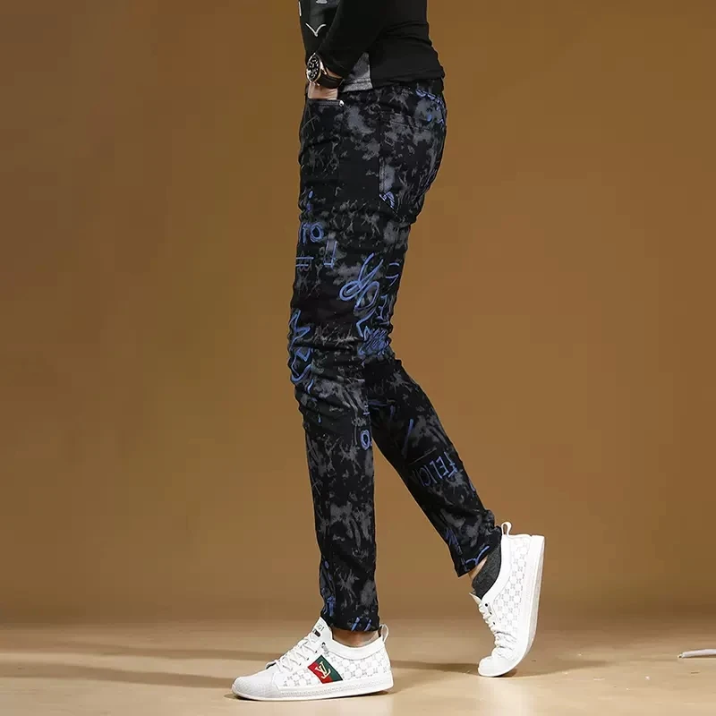 Autumn Men Black Printed Jeans Fashion Slim Fit Straight Pants Streetwear Casual Camouflage Denim Trousers