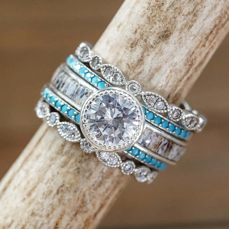 

Luxury 5PC/Set Silver Color Stone Zirconia Stone Ring Set Fashion Women's Engagement Wedding Party Ring Jewelry Gifts